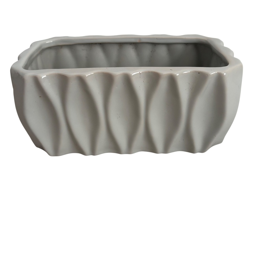 Modern Light Gray Wavy Scalloped Rectangular Ceramic Planter Succulent Pot 8.5in
